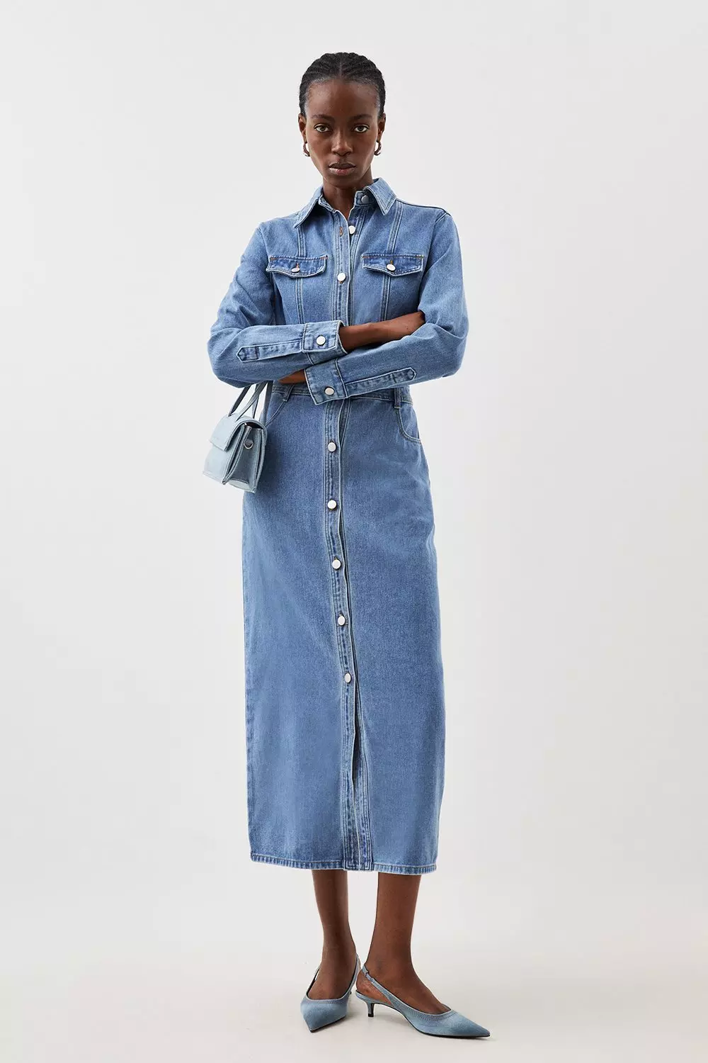 Denim Long Sleeve Midi Shirt Dress | Karen Millen